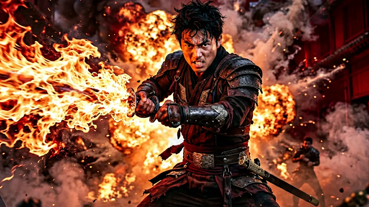 漫画人物正在释放强大的火焰招式，背景是爆炸与烟雾，充满热血战斗的紧张氛围，象征热血题材的高燃瞬间