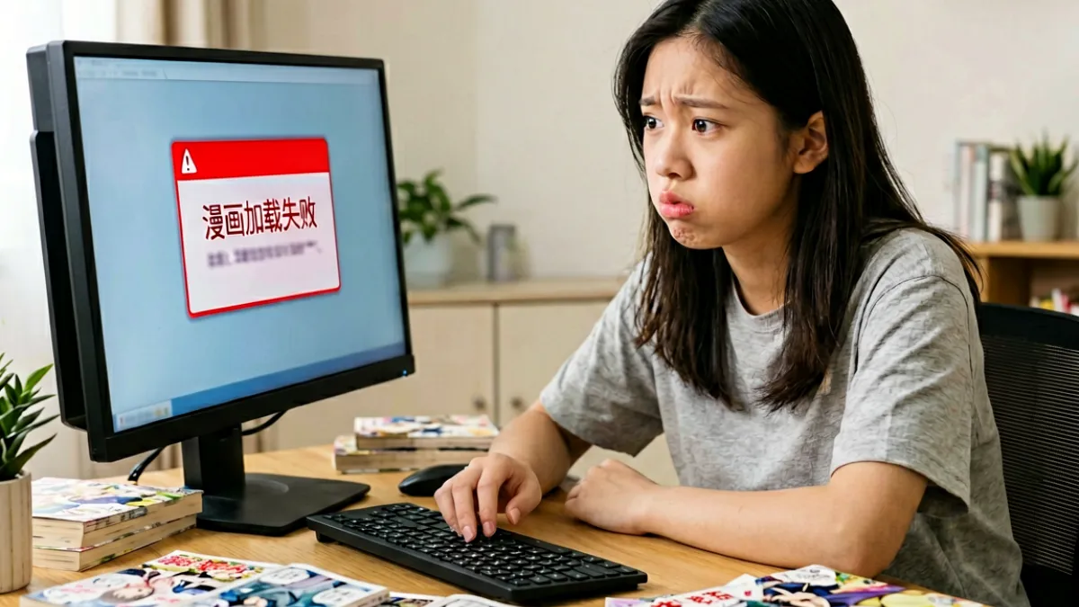 用户在电脑屏幕前遇到禁漫天堂漫画阅读异常，表情困惑，屏幕上显示加载失败的提示框