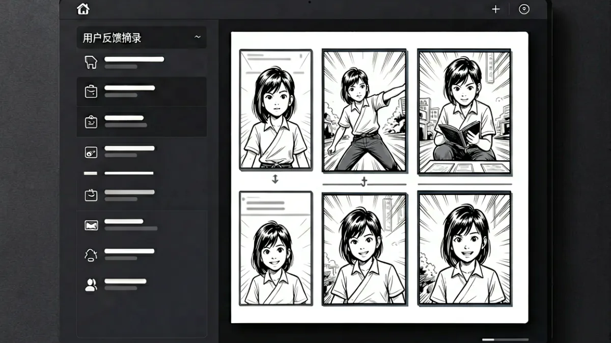 深色石墨黑背景上呈现漫画阅读界面的简化示意图，界面左侧是竖排目录列表，右侧是展开的漫画内容预览区域，整体视觉简洁且层次分明