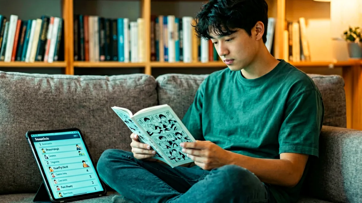 深夜的书架前坐着一位戴眼镜的年轻人，手里拿着一本打开的漫画书，屏幕上浮现出排行榜数字，整体氛围安静而专注