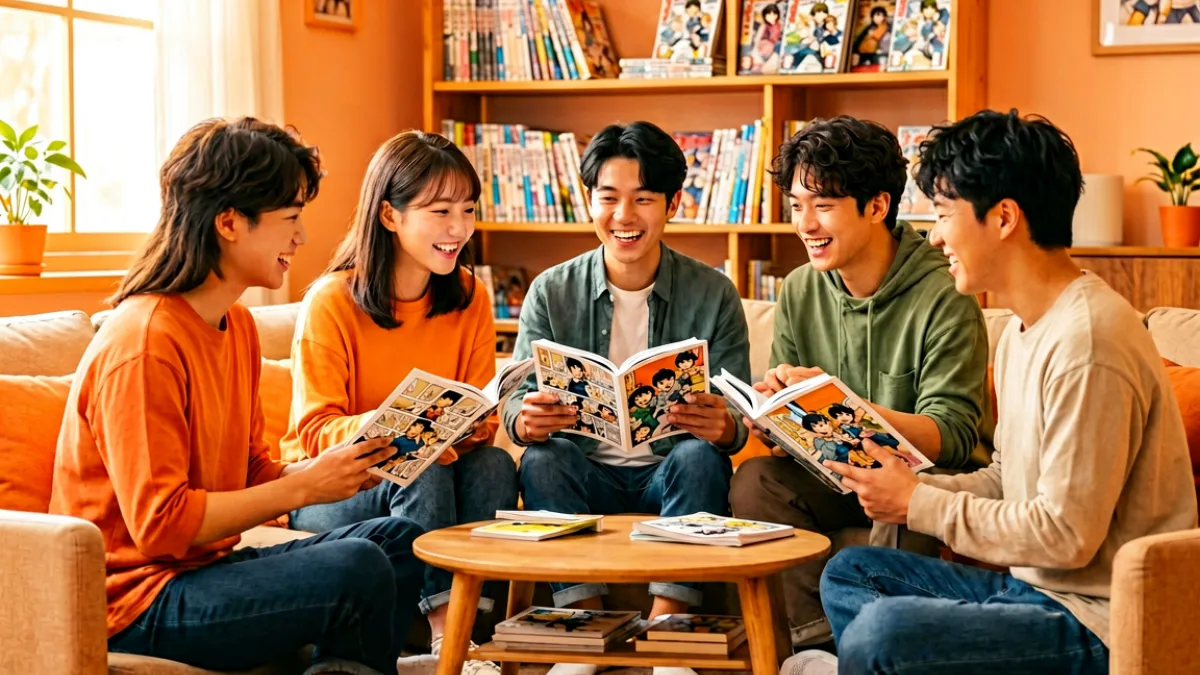 多位漫画角色围坐在一起阅读讨论的场景，背景是书架与漫画书堆叠的温馨氛围
